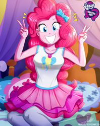 Size: 920x1160 | Tagged: safe, artist:the-butch-x, character:pinkie pie, my little pony:equestria girls, blue eyes, butch's hello, cute, diapinkes, equestria girls logo, female, geode of sugar bombs, grin, happy, hello x, looking at you, magical geodes, peace sign, pink hair, signature, sitting, smiling, solo