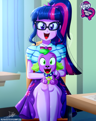 Size: 920x1160 | Tagged: safe, artist:the-butch-x, character:spike, character:spike (dog), character:twilight sparkle, character:twilight sparkle (scitwi), species:dog, species:eqg human, my little pony:equestria girls, butch's hello, cute, duo, equestria girls logo, fangs, female, geode of telekinesis, glasses, happy, hello x, legs, looking at you, magical geodes, male, open mouth, ponytail, puppy, signature, sitting, smiling, spikabetes, twiabetes