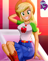 Size: 920x1160 | Tagged: safe, artist:the-butch-x, character:applejack, my little pony:equestria girls, applejack's hat, belt, boots, butch's hello, clothing, cowboy hat, cute, denim skirt, equestria girls logo, female, freckles, geode of super strength, hat, hello x, jackabetes, legs, looking at you, magical geodes, shoes, signature, skirt, smiling, solo, stetson
