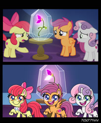 Size: 1288x1572 | Tagged: safe, artist:cloudyglow, edit, edited screencap, editor:teren rogriss, screencap, character:apple bloom, character:scootaloo, character:sweetie belle, species:earth pony, species:pegasus, species:pony, species:unicorn, episode:growing up is hard to do, g4, my little pony: friendship is magic, my little pony:pony life, adorabloom, age progression, bow, chibi, comic, cute, cutealoo, cutie mark crusaders, diasweetes, female, filly, floppy ears, flower, foal, goldie delicious' scarf, gritted teeth, hair bow, happy, hooves, horn, mare, older, older apple bloom, older cmc, older scootaloo, older sweetie belle, open mouth, raised hoof, sad, screencap comic, smiling, spread wings, tabun, transformation, twilight's castle, unshorn fetlocks, wings, wishing flower
