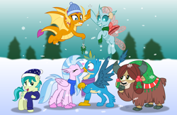 Size: 2000x1294 | Tagged: safe, artist:aleximusprime, character:gallus, character:ocellus, character:sandbar, character:silverstream, character:smolder, character:yona, species:changeling, species:dragon, species:earth pony, species:griffon, species:hippogriff, species:pony, species:reformed changeling, species:yak, ship:gallstream, blushing, christmas, clothing, cute, diaocelles, diastreamies, female, gallabetes, holiday, kissing, lip bite, male, mistletoe, sandabetes, scarf, shipper on deck, shipping, smolderbetes, snow, spread wings, straight, student six, surprise kiss, wingboner, wings, yonadorable