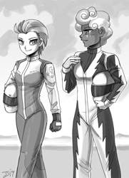 Size: 900x1246 | Tagged: safe, artist:johnjoseco, character:lightning dust, character:rolling thunder, species:human, episode:the washouts, g4, my little pony: friendship is magic, blushing, clothing, dark skin, duo, flight suit, grayscale, helmet, humanized, light skin, monochrome, uniform, washouts uniform