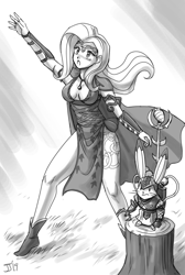 Size: 1000x1489 | Tagged: safe, artist:johnjoseco, character:angel bunny, character:fluttershy, species:human, armor, breasts, busty fluttershy, cleavage, humanized, monochrome, sketch, tree stump, warhammer (game)