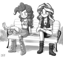 Size: 1200x1076 | Tagged: safe, artist:johnjoseco, character:pinkie pie, character:sunset shimmer, my little pony:equestria girls, clothing, duo, feet, female, grayscale, monochrome, shoes removed, sitting, skirt, smiling, socks, upskirt