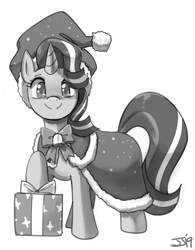 Size: 1100x1408 | Tagged: safe, artist:johnjoseco, character:starlight glimmer, species:pony, species:unicorn, christmas, clothing, costume, cute, female, glimmerbetes, grayscale, holiday, looking at you, mare, monochrome, present, santa claus, santa costume, simple background, solo, white background