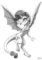 Size: 3875x5539 | Tagged: safe, artist:johnjoseco, character:rarity, species:dragon, black and white, cutie mark, cutie mark on dragon, dragonified, female, flying, grayscale, happy, looking up, monochrome, raridragon, simple background, smiling, solo, species swap, white background