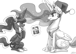 Size: 1400x1001 | Tagged: safe, artist:johnjoseco, character:princess celestia, character:princess luna, species:alicorn, species:pony, gamer luna, christmas, clothing, gift box, gift giving, glowing horn, hat, holiday, horn, levitation, magic, monochrome, open mouth, present, royal sisters, santa hat, simple background, telekinesis, white background
