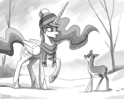 Size: 1200x967 | Tagged: safe, artist:johnjoseco, character:princess celestia, species:alicorn, species:deer, species:pony, clothing, cute, cutelestia, female, grayscale, hat, mare, monochrome, raised hoof, scarf, snow, solo, winter