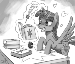 Size: 1100x943 | Tagged: safe, artist:johnjoseco, character:twilight sparkle, character:twilight sparkle (alicorn), species:alicorn, species:pony, book, female, heart, heart eyes, inkwell, monochrome, open mouth, quill, quill pen, sketch, solo, that pony sure does love books, wingding eyes
