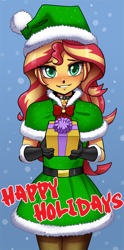 Size: 700x1414 | Tagged: safe, artist:johnjoseco, character:sunset shimmer, my little pony:equestria girls, bell, bell collar, blushing, christmas, clothing, collar, costume, cute, female, gift wrapped, happy holidays, hat, holiday, lidded eyes, looking at you, santa costume, santa hat, shimmerbetes, smiling, snow, snowfall, solo