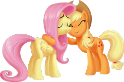 Size: 1024x674 | Tagged: safe, artist:cloudyglow, artist:littmosa, character:applejack, character:fluttershy, species:earth pony, species:pegasus, species:pony, duo, eyes closed, female, folded wings, hug, mare, simple background, smiling, transparent background, wings