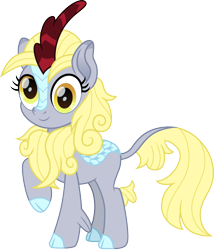 Size: 826x967 | Tagged: safe, artist:cloudyglow, character:derpy hooves, species:kirin, cute, female, kirin-ified, quadrupedal, raised hoof, simple background, smiling, solo, species swap, transparent background, vector