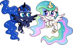 Size: 1200x734 | Tagged: safe, artist:cloudyglow, character:princess celestia, character:princess luna, species:alicorn, species:pony, my little pony:pony life, crown, cute, cutelestia, duo, eyeshadow, female, flying, jewelry, lidded eyes, lunabetes, makeup, mare, raised hoof, regalia, simple background, transparent background