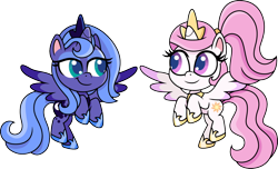 Size: 1500x914 | Tagged: safe, artist:cloudyglow, character:princess celestia, character:princess luna, species:alicorn, species:pony, my little pony:pony life, cewestia, crown, cute, cutelestia, duo, duo female, eyeshadow, female, filly, flying, foal, jewelry, lidded eyes, looking at each other, lunabetes, makeup, pink-mane celestia, raised hoof, regalia, s1 luna, scrunchie, simple background, smiling, transparent background, woona, young, younger