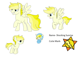 Size: 1108x810 | Tagged: safe, artist:dudleybrittany1399, artist:selenaede, base used, oc, oc only, oc:shocking sunrise, parent:misty fly, parent:surprise, parents:mistyprise, species:pegasus, species:pony, icey-verse, baby, baby pony, colt, female, flying, grin, magical lesbian spawn, male, mare, offspring, open mouth, raised hoof, raised leg, reference sheet, rule 63, simple background, smiling, solo, stallion, white background