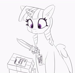 Size: 3561x3440 | Tagged: safe, artist:pabbley, character:twilight sparkle, character:twilight sparkle (alicorn), species:alicorn, species:pony, ear fluff, female, glowing horn, horn, implied ember, knife, looking down, magic, mare, monochrome, neo noir, partial color, present, simple background, sitting, solo, telekinesis, white background