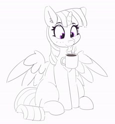 Size: 3785x4096 | Tagged: safe, artist:pabbley, character:twilight sparkle, character:twilight sparkle (alicorn), species:alicorn, species:pony, blep, chocolate, cute, ear fluff, female, food, happy, hot chocolate, mare, monochrome, neo noir, partial color, simple background, sitting, smiling, solo, spread wings, tongue out, twiabetes, white background, wings