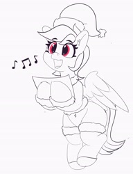 Size: 3148x4096 | Tagged: safe, artist:pabbley, character:rainbow dash, species:pegasus, species:pony, belly button, christmas, christmas carol, clothing, cute, dashabetes, ear fluff, female, happy, hat, holding, holiday, mare, monochrome, music notes, neo noir, open mouth, partial color, santa hat, simple background, singing, socks, solo, white background