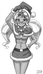 Size: 800x1374 | Tagged: safe, artist:johnjoseco, character:sugarcoat, my little pony:equestria girls, belly button, christmas, clothing, costume, female, glasses, gloves, grayscale, hat, holiday, looking at you, midriff, mistletoe, monochrome, santa costume, santa hat, simple background, sketch, smiling, smirk, solo, white background