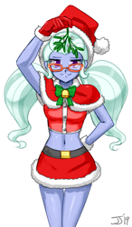 Size: 800x1374 | Tagged: safe, artist:johnjoseco, edit, character:sugarcoat, my little pony:equestria girls, belly button, belt, christmas, clothing, color edit, colored, colored pupils, costume, cute, female, glasses, gloves, hat, holiday, looking at you, midriff, miniskirt, mistletoe, pigtails, santa costume, santa hat, simple background, skirt, smiling, smirk, solo, sugarcute, twintails, white background