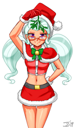 Size: 800x1374 | Tagged: safe, artist:johnjoseco, edit, character:sugarcoat, my little pony:equestria girls, belly button, belt, christmas, clothing, color edit, colored, costume, cute, female, glasses, gloves, hat, holiday, human coloration, looking at you, midriff, miniskirt, mistletoe, pigtails, santa costume, santa hat, simple background, skirt, smiling, smirk, solo, sugarcute, twintails, white background
