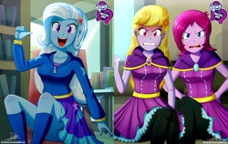 Size: 1624x1024 | Tagged: safe, artist:the-butch-x, edit, editor:thomasfan45, character:fuchsia blush, character:lavender lace, character:trixie, species:human, my little pony:equestria girls, adorasexy, angry, barrette, beautiful, bleachers, blushing, book, bookshelf, breasts, butch's hello, canterlot high, cape, chair, clothing, collarbone, cross-popping veins, cute, cutie mark on clothes, description is relevant, diatrixes, dress, ear blush, equestria girls logo, female, hairclip, happy, hello x, hoodie, indoors, irritated, jacket, kneesocks, leggings, looking at you, open mouth, pointing at self, raised eyebrow, red face, schrödinger's pantsu, sexy, signature, sitting, skirt, smiling, socks, thighs, trio, trio female, trixie and the illusions, upskirt denied, window