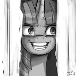 Size: 1000x1000 | Tagged: safe, artist:johnjoseco, character:twilight sparkle, species:pony, species:unicorn, crazy smile, female, grayscale, here's johnny, insanity, insanity face, monochrome, parody, ponified, sketch, the shining