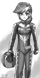 Size: 800x1535 | Tagged: safe, artist:johnjoseco, character:rainbow dash, species:human, female, grayscale, helmet, humanized, monochrome, racing suit, sketch, solo
