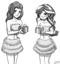 Size: 1000x1074 | Tagged: safe, artist:johnjoseco, character:sunset shimmer, my little pony:equestria girls, belly button, christmas, duo, gift wrapped, holiday, liz allen, monochrome, spider-man, tinsel