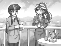 Size: 1300x975 | Tagged: safe, artist:johnjoseco, character:sunset shimmer, character:twilight sparkle, species:human, business suit, clothing, duo, female, grayscale, humanized, monochrome, older, sketch