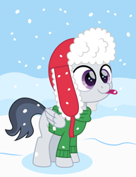 Size: 1159x1500 | Tagged: safe, artist:cloudyglow, character:rumble, species:pegasus, species:pony, clothing, colt, cute, hat, male, movie accurate, rumblebetes, snow, snowfall, solo, sweater, tongue out, ushanka, winter