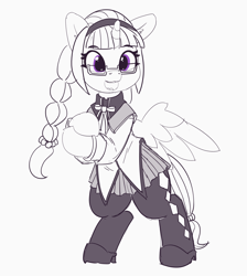 Size: 4929x5508 | Tagged: safe, artist:pabbley, character:twilight sparkle, character:twilight sparkle (alicorn), species:alicorn, species:pony, bipedal, bow, braided ponytail, clothing, costume, cute, female, glasses, homura akemi, leggings, magical girl, mare, monochrome, neo noir, open mouth, pantyhose, partial color, ponytail, puella magi madoka magica, ribbon, shoes, skirt, smiling, solo, twiabetes