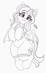 Size: 4706x7436 | Tagged: safe, artist:pabbley, oc, oc only, oc:arrhythmia, species:bat pony, absurd resolution, bat pony oc, bedroom eyes, belly button, clothing, eyeshadow, fangs, female, floating heart, heart, hooves to the chest, makeup, partial color, scarf, simple background, socks, solo, white background, wings