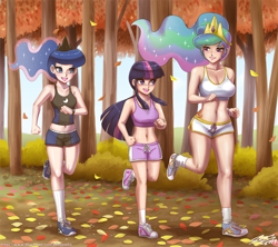 Size: 1500x1331 | Tagged: safe, artist:johnjoseco, character:princess celestia, character:princess luna, character:twilight sparkle, species:human, g4, autumn, beautiful, beautisexy, belly button, breasts, bush, busty princess celestia, busty princess luna, busty twilight sparkle, cleavage, clothing, converse, forest, happy, humanized, jogging, leaves, legs, midriff, running, running of the leaves, sexy, shoes, shorts, smiling, sneakers, socks, sports bra, tallestia, tank top, tree, trio, woodlands
