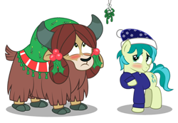 Size: 1920x1332 | Tagged: safe, artist:aleximusprime, character:sandbar, character:yona, species:earth pony, species:pony, species:yak, ship:yonabar, blushing, christmas, cute, female, holiday, imminent kissing, male, mistletoe, sandabetes, shipping, simple background, straight, this will end in kisses, transparent background, yonadorable
