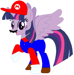 Size: 440x450 | Tagged: safe, artist:hubfanlover678, artist:selenaede, base used, character:twilight sparkle, character:twilight sparkle (alicorn), species:alicorn, species:pony, barely pony related, cap, clothing, crossover, gloves, hat, mario, mario's hat, nintendo, overalls, shirt, shoes, super mario bros., undershirt