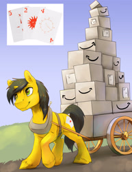 Size: 2550x3300 | Tagged: safe, artist:silfoe, oc, oc only, oc:trail cutter, species:pony, species:unicorn, amazon.com, box, cart, clydesdale, commission, harness, male, solo, stallion, tack, unshorn fetlocks