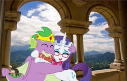 Size: 1280x815 | Tagged: safe, artist:aleximusprime, artist:disneymarvel96, edit, character:rarity, character:spike, species:dragon, species:pony, species:unicorn, ship:sparity, adult, adult spike, balcony, bavaria, bow tie, castle, chubby spike, crown, dragons in real life, fat spike, female, flurry heart's story, germany, hug, irl, jewelry, male, neuschwanstein, older, older rarity, older spike, photo, ponies in real life, regalia, shipping, straight, valley, vector, vector edit