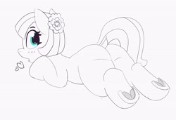 Size: 4096x2803 | Tagged: safe, artist:pabbley, character:coco pommel, species:earth pony, species:pony, butt, dock, female, flower, flower in hair, heart, looking back, lying down, mare, monochrome, neo noir, open mouth, partial color, plot, prone, simple background, solo, underhoof, white background