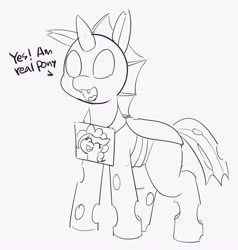 Size: 2657x2793 | Tagged: safe, artist:pabbley, character:pinkie pie, species:changeling, species:earth pony, species:pony, :3, dialogue, disguise, disguised changeling, eyes closed, fangs, female, lineart, mare, monochrome, open mouth, paper-thin disguise, sign, simple background, smiling, solo, white background