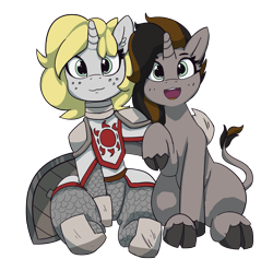 Size: 5000x4951 | Tagged: safe, artist:pabbley, oc, oc only, oc:emerald whiplash, oc:solis, species:classical unicorn, species:pony, species:unicorn, 2020 community collab, derpibooru community collaboration, armor, cloven hooves, hug, leonine tail, looking at you, shield, simple background, transparent background, unshorn fetlocks