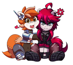 Size: 4500x4000 | Tagged: safe, artist:ciderpunk, artist:pabbley, oc, oc only, oc:ciderpunk, oc:pandy cyoot, 2020 community collab, derpibooru community collaboration, angry, clothing, cyberpunk, fishnets, grumpy, happy, hugging a pony, jacket, looking at you, shoes, simple background, socks, stockings, thigh highs, torn clothes, torn socks, transparent background