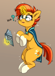 Size: 2388x3289 | Tagged: safe, artist:pabbley, character:sunburst, species:pony, species:unicorn, belly button, book, ear fluff, female, glasses, glowing horn, horn, huh, implied transformation, implied transgender transformation, levitation, magic, mare, open mouth, question mark, rule 63, solo, spellbook, sunstone (g4 r63 sunburst), telekinesis
