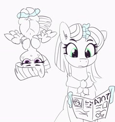 Size: 2924x3098 | Tagged: safe, artist:pabbley, character:clear sky, character:twilight sparkle, character:wind sprint, species:pegasus, species:pony, species:unicorn, belly button, duo, female, filly, freckles, glowing horn, horn, magic, mare, monochrome, mother and daughter, neo noir, partial color, reading, spread wings, telekinesis, twiggie, unamused, upside down, wings