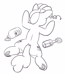 Size: 3217x3580 | Tagged: safe, artist:pabbley, character:berry punch, character:berryshine, species:earth pony, species:pony, both cutie marks, bottle, cider, drunk, faceplant, female, frog (hoof), mare, monochrome, passed out, rear view, solo, underhoof