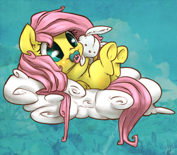 Size: 1000x881 | Tagged: safe, artist:atryl, character:angel bunny, character:fluttershy, species:pony, species:rabbit, baby, baby pony, babyshy, cloud, cute, dawwww, diabetes, female, filly, foal, hnnng, hooves, pacifier, plushie, shyabetes, solo, underhoof, weapons-grade cute