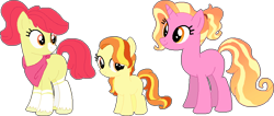 Size: 934x395 | Tagged: safe, artist:klawiee, artist:selenaede, base used, character:apple bloom, character:luster dawn, oc, oc:golden harvest, parent:apple bloom, parent:luster dawn, crack shipping, family, female, lesbian, lusterbloom, offspring, parents:lusterbloom, shipping
