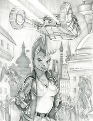 Size: 999x1300 | Tagged: safe, artist:baron engel, character:tempest shadow, species:anthro, species:pony, species:unicorn, blade runner, breasts, broken horn, busty tempest shadow, clothing, eye scar, female, grayscale, horn, jacket, mare, monochrome, pencil drawing, scar, solo focus, spinner, story included, traditional art, vehicle