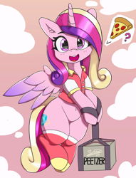 Size: 4708x6170 | Tagged: safe, artist:pabbley, character:princess cadance, species:alicorn, species:pony, absurd resolution, belly button, box, cadance's pizza delivery, clothing, cute, cutedance, delivery, ear fluff, female, flying, food, happy, looking at you, mare, meat, open mouth, peetzer, pepperoni, pepperoni pizza, pizza, pizza delivery, question mark, shirt, socks, solo, spread wings, that pony sure does love pizza, weapons-grade cute, wings