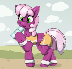 Size: 3436x3331 | Tagged: safe, artist:pabbley, character:cheerilee, species:earth pony, species:pony, cheeribetes, clothing, cute, drink, drinking, ear fluff, female, high res, mare, shorts, solo, sweat, sweatband, water